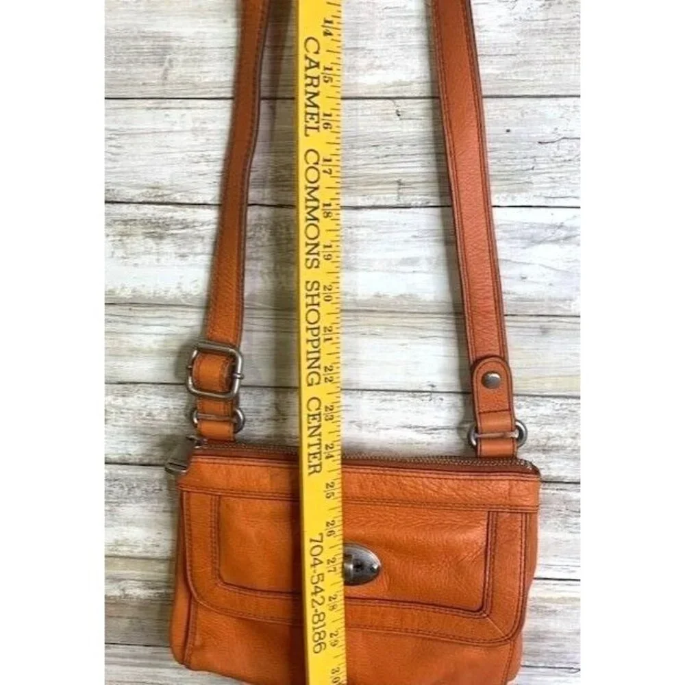 Orange Fossil Leather Crossbody Bag with‎ Front Turn Lock Pocket